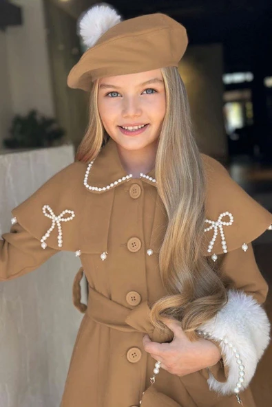 Kız Çocuk Boydan Yakası İnci Taş İşlemeli Şal Detaylı Kemerli Bej Kaşe - 2