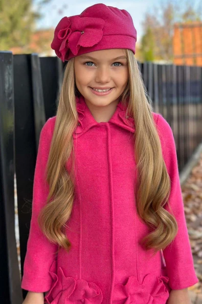 Kız Çocuk Yakası Taş ve Yonca Detaylı Çıtçıt Düğmeli Fuşya Kaşe - 2