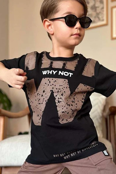 Erkek Çocuk W Harf Why Not Baskılı T-Shirt Kahverengi Şortlu Takım - Resim 4