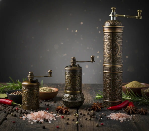 LUDIA Zamak Metal Antik Renk 3 lü Set Karabiber,Kahve,Çörek Otu El Değirmeni Öğütücü Grinder S2