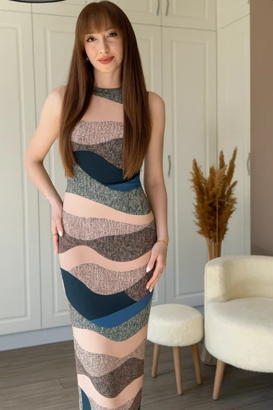 Kadın Sıfır Kol Sıfır Yaka Drape Detaylı Midi Janjan Dalgıç Elbise - Resim 3