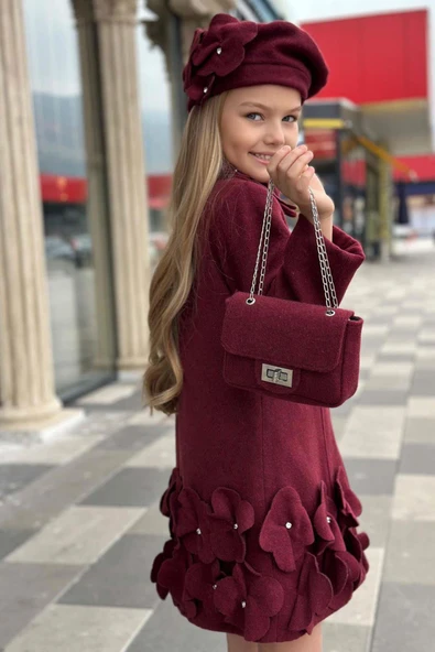 Kız Çocuk Yakası Taş ve Yonca Detaylı Çıtçıt Düğmeli Bordo Kaşe - 3