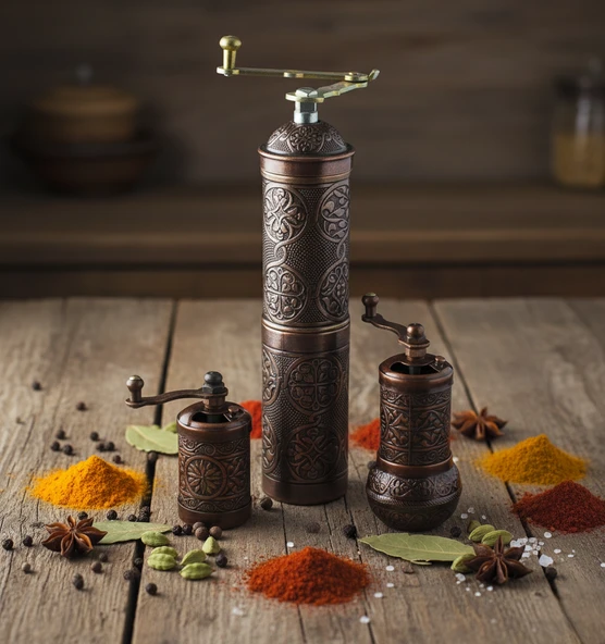 LUDIA Zamak Metal Bakır Renk 3 lü Set Karabiber,Kahve,Çörek Otu El Değirmeni Öğütücü Grinder S2 - 6