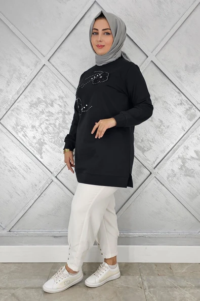 KADIN DİKME ÇİÇEK VE TAŞ DETAYLI TESETTÜR TUNİK - Resim 5