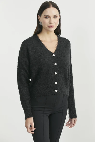 Pamuklu Yumoş Triko Hırka - Siyah - Resim 4