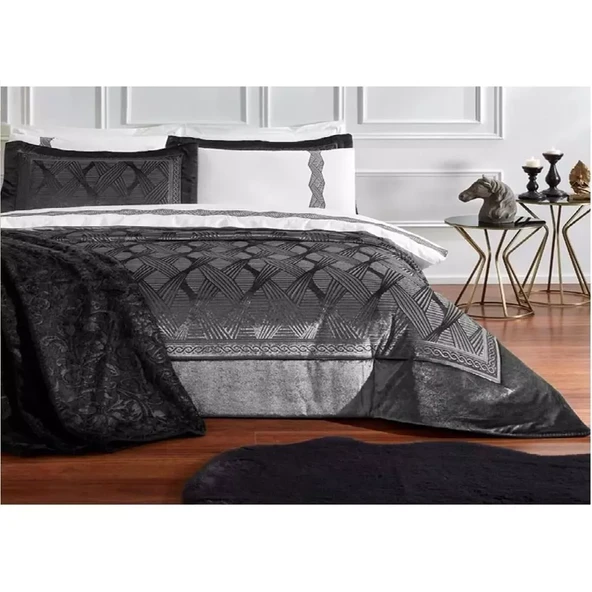Özdilek 11 Parça Çeyiz Seti (Battaniye+Nevresim Takımı+Yatak Örtüsü)-Velours Antrasit