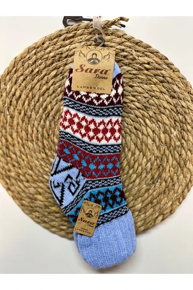 SARA DONNA GELENEKSEL DESENLİ YÜN SOKET ÇORAP - ÇEYİZ İÇİN HOMEWEAR YÜN ÖRGÜ EV ÇORABI - Resim 2