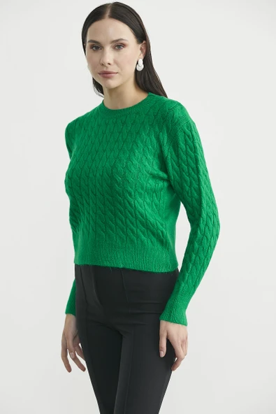 Yumoş Saç Örgü Motifli Triko Kazak - Benetton Yeşil - Resim 4