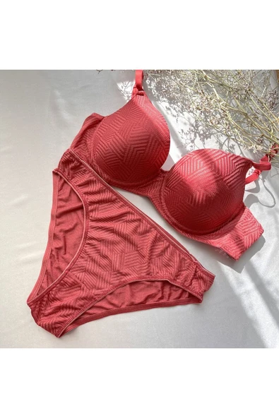 KARAZ Baklava Desenli Balenli Dolgusuz Sütyen Takımı -  Kiremit-80-B - Resim 2