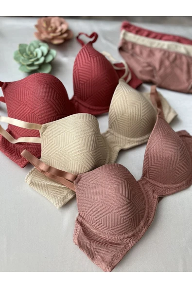 KARAZ Baklava Desenli Balenli Dolgusuz Sütyen Takımı -  Pudra-85-B - Resim 5