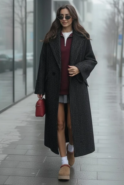 Kışlık Balık Sırtı Desenli Astarlı Kadın Kaşmir Kaban - Resim 3