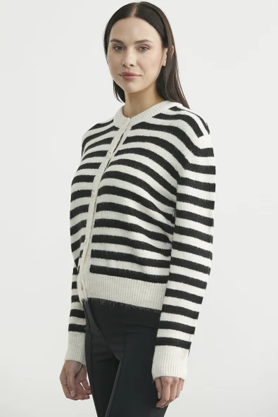 Çizgili Metal Düğmeli Triko Hırka - Siyah - 4