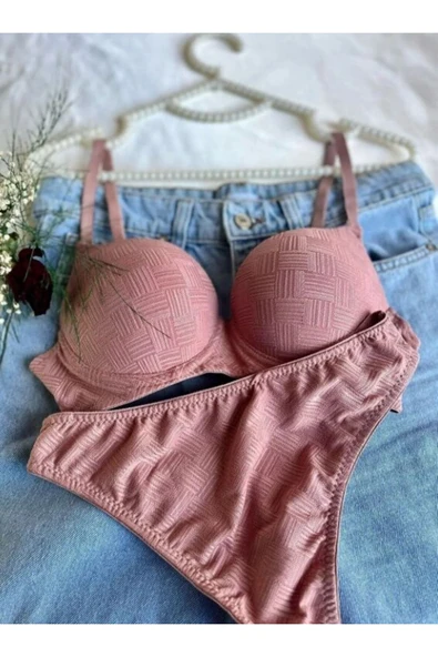 KARAZ Baklava Desenli Balenli Dolgusuz Sütyen Takımı -  Pudra-85-B - Resim 2