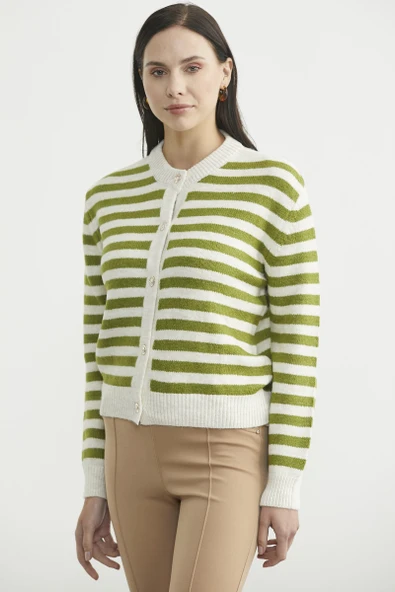 Çizgili Metal Düğmeli Triko Hırka - Zeytin Yeşil - Resim 4