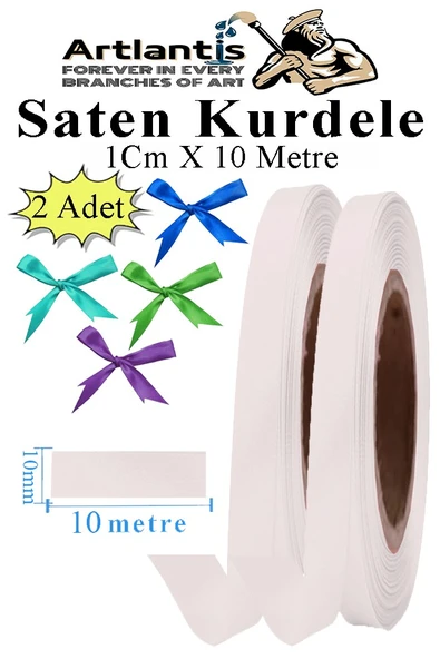 Beyaz Kurdele Saten 1 Cm 10 Metre 2 Adet Saten Kurdela Parlak Hediye ve Süsleme Şeridi Süs Paketleme Çiçek Saç El