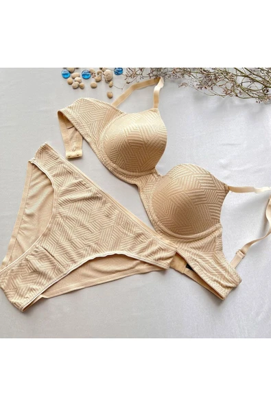 KARAZ Baklava Desenli Balenli Dolgusuz Sütyen Takımı -  Ten-90-B - Resim 5