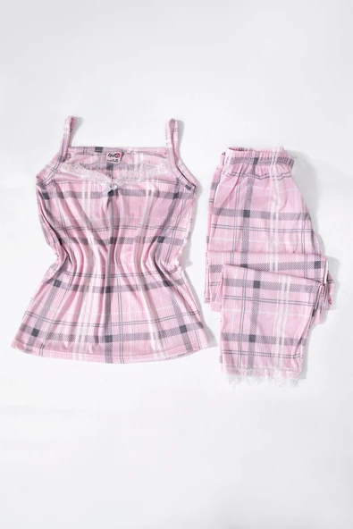 IŞILAY HOMEWEAR PEMBE EKOSE DESEN DANTEL DEKORLU PEGASUS İP ASKILI PİJAMA TAKIMI - Resim 4