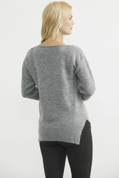 Yumuşak Dokulu V Yaka Triko Kazak - Füme - Resim 5