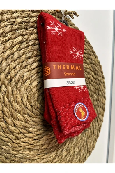Strenna Unisex Kırmızı Kar Taneli Yılbaşı Temalı Yeni Yıl Termal Ev Çorabı - Resim 4