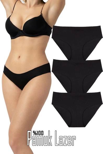 Love Fuchsia Underwear Kadın 3'lü Paket Siyah Pamuk Lazer Kesim Külot - Resim 2