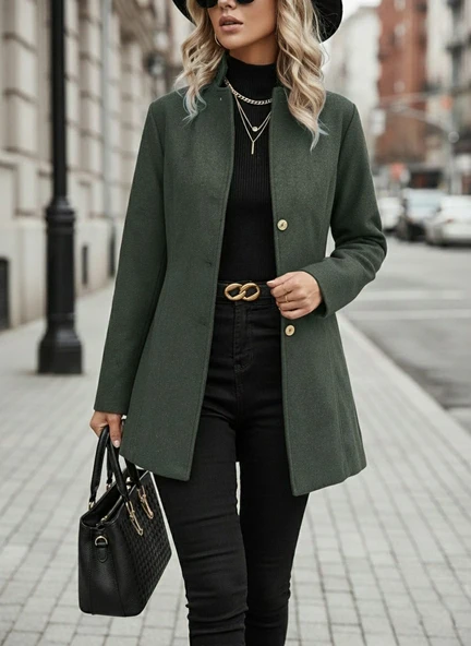 Tasarım Yaka Haki Kaşe Kaban ürün görseli 1