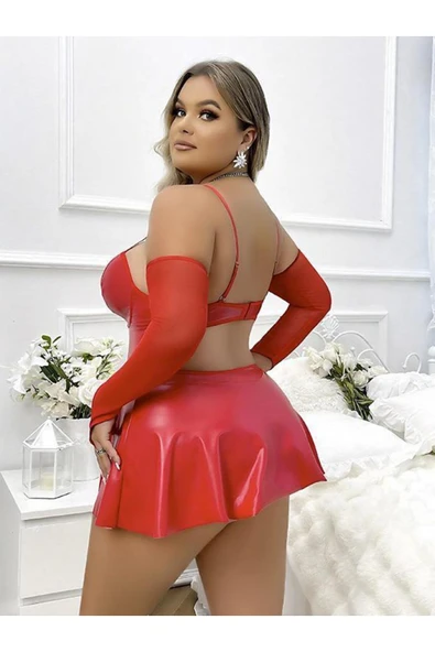 REAL PASSİONE Passione Büyük Beden Deri Elbise Kırmızı FRP40001 - Resim 2