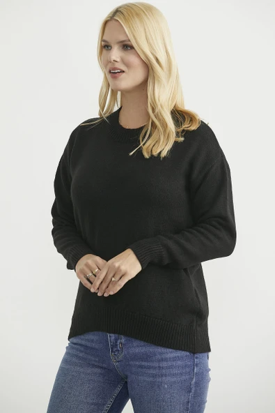 Oversize Önü Verev Triko Kazak - Siyah - Resim 2