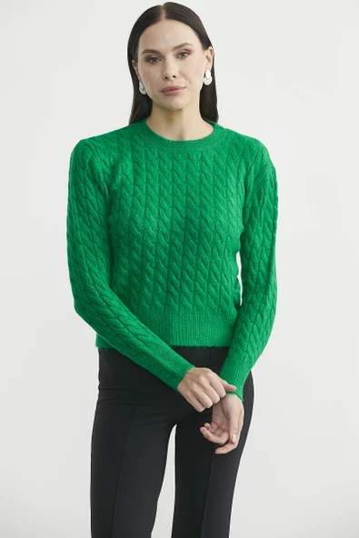 Yumoş Saç Örgü Motifli Triko Kazak - Benetton Yeşil - Resim 2