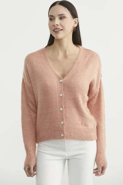 Pamuklu Yumoş Triko Hırka - Pudra - Resim 3