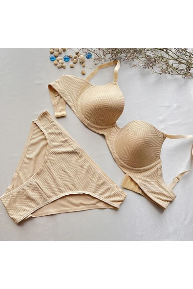 KARAZ Baklava Desenli Balenli Dolgusuz Sütyen Takımı -  Ten-90-B ürün görseli 1