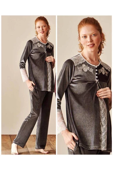 Feyza 3922 Gri Kadife Hamile Lohusa Pijama Takımı ürün görseli 1