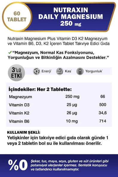 Nutraxin Magnezyum Daily 250 Mg 60 Tablet - Magnesium, D3, K2, B6 - Resim 2