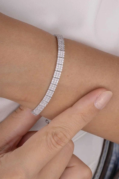 Gümüş Pazarım Beyaz Altın Kaplama 3 Sıra Su Yolu 925 Ayar Gümüş Bileklik - 2