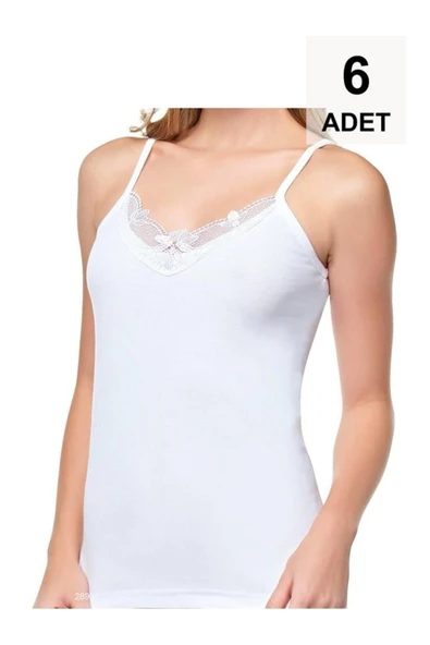6 Adet İp Askılı Güpürlü Kadın Atlet - Beyaz