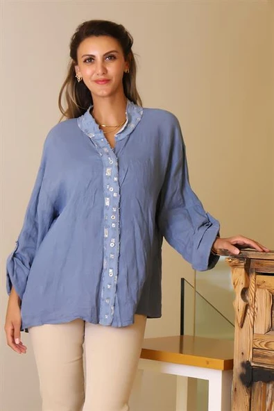 HAKİM YAKA PUL İŞLEMELİ İNDİGO KADIN CEKET   82217-2Y5 ürün görseli