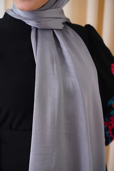 Octopus Abiye Janjan Parlak Saten Dokulu Tesettür Abiye Şifon Gümüş Gri Şal - Resim 4