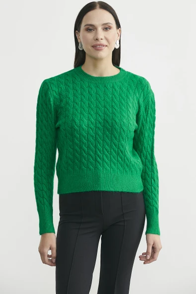Yumoş Saç Örgü Motifli Triko Kazak - Benetton Yeşil ürün görseli 1