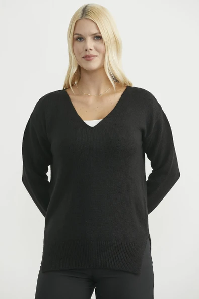 Yumuşak Dokulu V Yaka Triko Kazak - Siyah ürün görseli 1