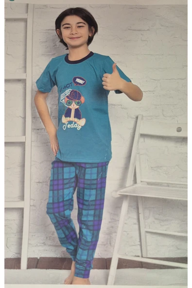 Minimoon MİNİMOON PENYE ERKEK ÇOCUK KISA KOLLU PİJAMA TAKIMI ekoseli ürün görseli 1