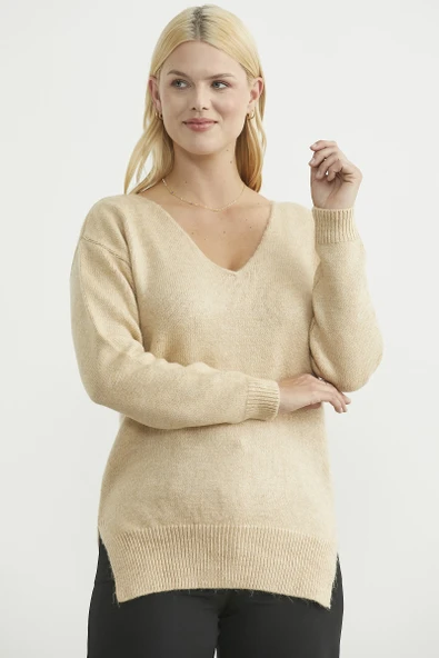 Yumuşak Dokulu V Yaka Triko Kazak - Karamel - Resim 2
