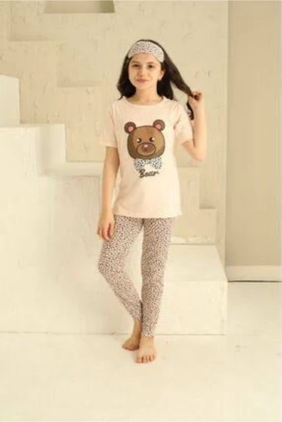 Minimoon Kız Çocuk Kısa Kollu Pijama Takımı - Pembe Leopar Desenli - Göz Bandı Hediyeli ürün görseli 1