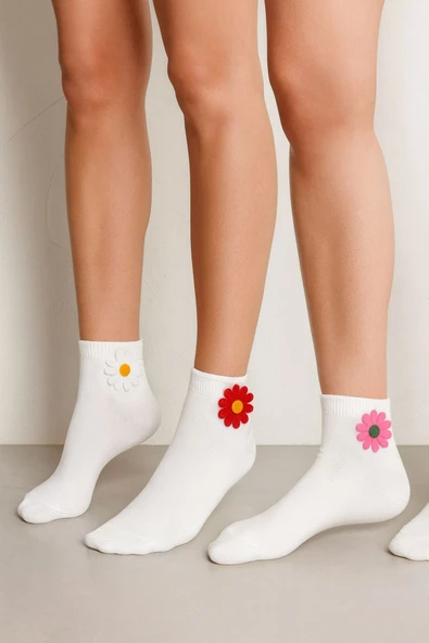 Kadın 6'lı papatya detaylı soket çorap