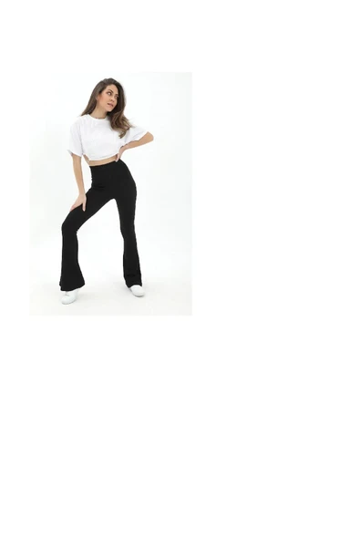 vogsign Yüksek Bel Dalgıç Kumaş Ispanyol Paça Tayt - Resim 4