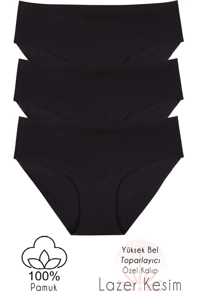 Love Fuchsia Underwear Kadın 3'lü Paket Siyah Pamuk Lazer Kesim Külot - Resim 3