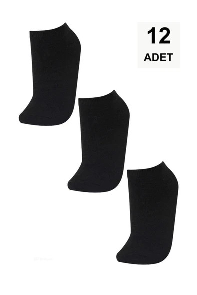12 Adet Düz Kadın Patik Çorap - Siyah