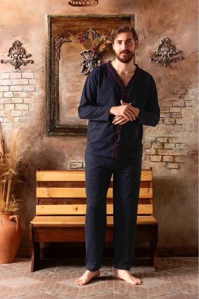 Glisa Önden Boydan Düğmeli Erkek Süprem Penye Kumaş Pijama Takımı - Resim 3