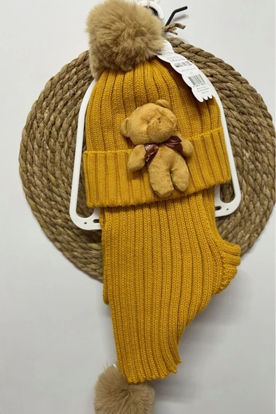 Recos BERE ATKI KIŞLIK AKRİLİK TAKIM 2-15 YAŞ PONPONLU AYICIK OYUNCAKLI ATKI+BERE TAKIMI ürün görseli