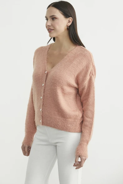 Pamuklu Yumoş Triko Hırka - Pudra - Resim 4