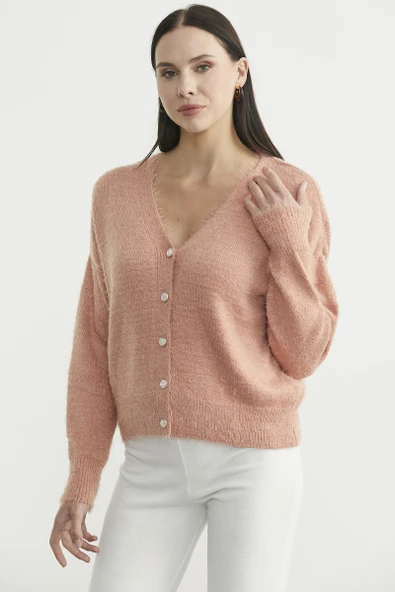 Pamuklu Yumoş Triko Hırka - Pudra - Resim 5