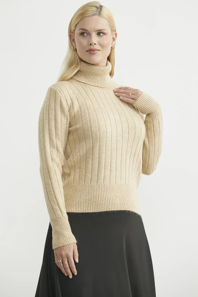 Tam Balıkçı Kalın Fitilli Triko Kazak - Karamel - Resim 3